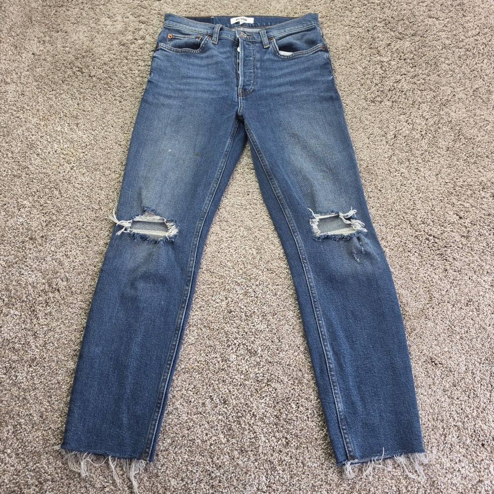 RE/DONE High Rise Straight Jeans Womens 26 Blue Dusk Destroy Distressed Denim